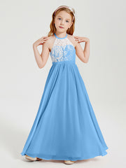 Robes de Demoiselle d'Honneur Longues en Mousseline avec Haut en Dentelle Bleu