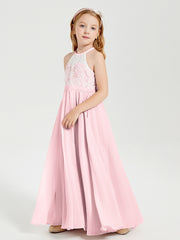 Robes de Demoiselle d'Honneur Longues en Mousseline avec Haut en Dentelle Rose Pâle