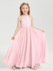 Robes de Demoiselle d'Honneur Longues en Mousseline avec Haut en Dentelle Rose Pâle