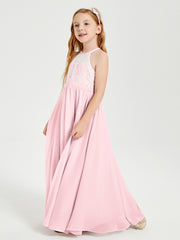Robes de Demoiselle d'Honneur Longues en Mousseline avec Haut en Dentelle Rose Pâle