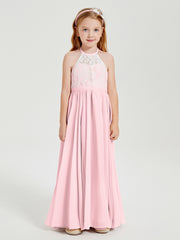 Robes de Demoiselle d'Honneur Longues en Mousseline avec Haut en Dentelle Rose Pâle