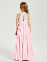 Robes de Demoiselle d'Honneur Longues en Mousseline avec Haut en Dentelle Rose Pâle