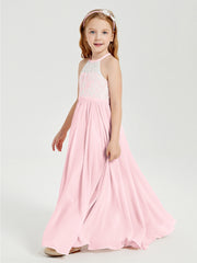Robes de Demoiselle d'Honneur Longues en Mousseline avec Haut en Dentelle Rose Pâle