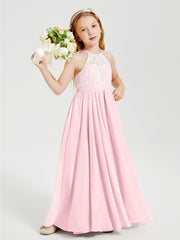 Robes de Demoiselle d'Honneur Longues en Mousseline avec Haut en Dentelle Rose Pâle