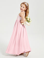 Robes de Demoiselle d'Honneur Longues en Mousseline avec Haut en Dentelle Rose Pâle