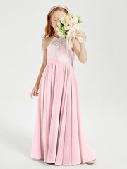 Robes de Demoiselle d'Honneur Longues en Mousseline avec Haut en Dentelle Rose Pâle