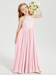 Robes de Demoiselle d'Honneur Longues en Mousseline avec Haut en Dentelle Rose Pâle