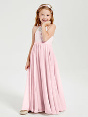 Robes de Demoiselle d'Honneur Longues en Mousseline avec Haut en Dentelle Rose Pâle