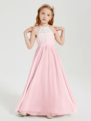 Robes de Demoiselle d'Honneur Longues en Mousseline avec Haut en Dentelle Rose Pâle