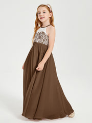 Robes de Demoiselle d'Honneur Longues en Mousseline avec Haut en Dentelle Brun