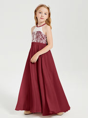Robes de Demoiselle d'Honneur Longues en Mousseline avec Haut en Dentelle Bordeaux