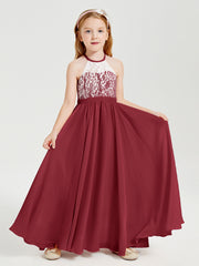 Robes de Demoiselle d'Honneur Longues en Mousseline avec Haut en Dentelle Bordeaux