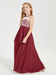 Robes de Demoiselle d'Honneur Longues en Mousseline avec Haut en Dentelle Bordeaux