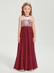 Robes de Demoiselle d'Honneur Longues en Mousseline avec Haut en Dentelle Bordeaux