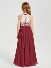 Robes de Demoiselle d'Honneur Longues en Mousseline avec Haut en Dentelle Bordeaux