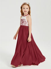Robes de Demoiselle d'Honneur Longues en Mousseline avec Haut en Dentelle Bordeaux