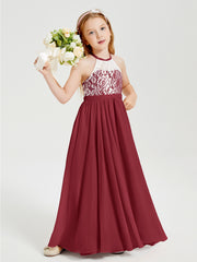 Robes de Demoiselle d'Honneur Longues en Mousseline avec Haut en Dentelle Bordeaux