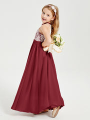 Robes de Demoiselle d'Honneur Longues en Mousseline avec Haut en Dentelle Bordeaux