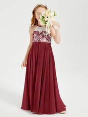 Robes de Demoiselle d'Honneur Longues en Mousseline avec Haut en Dentelle Bordeaux