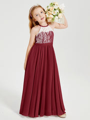 Robes de Demoiselle d'Honneur Longues en Mousseline avec Haut en Dentelle Bordeaux