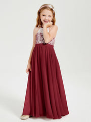 Robes de Demoiselle d'Honneur Longues en Mousseline avec Haut en Dentelle Bordeaux