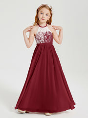 Robes de Demoiselle d'Honneur Longues en Mousseline avec Haut en Dentelle Bordeaux