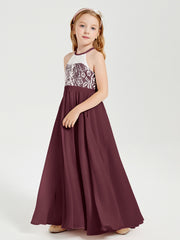 Robes de Demoiselle d'Honneur Longues en Mousseline avec Haut en Dentelle Cabernet