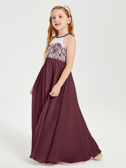 Robes de Demoiselle d'Honneur Longues en Mousseline avec Haut en Dentelle Cabernet
