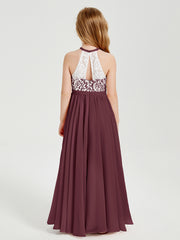 Robes de Demoiselle d'Honneur Longues en Mousseline avec Haut en Dentelle Cabernet