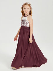 Robes de Demoiselle d'Honneur Longues en Mousseline avec Haut en Dentelle Cabernet