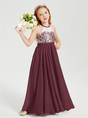 Robes de Demoiselle d'Honneur Longues en Mousseline avec Haut en Dentelle Cabernet