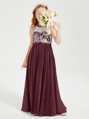 Robes de Demoiselle d'Honneur Longues en Mousseline avec Haut en Dentelle Cabernet
