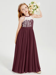 Robes de Demoiselle d'Honneur Longues en Mousseline avec Haut en Dentelle Cabernet