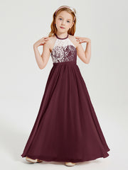 Robes de Demoiselle d'Honneur Longues en Mousseline avec Haut en Dentelle Cabernet