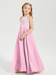 Robes de Demoiselle d'Honneur Longues en Mousseline avec Haut en Dentelle Rose Bonbon