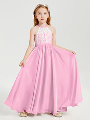 Robes de Demoiselle d'Honneur Longues en Mousseline avec Haut en Dentelle Rose Bonbon