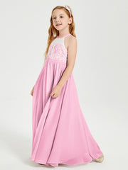 Robes de Demoiselle d'Honneur Longues en Mousseline avec Haut en Dentelle Rose Bonbon
