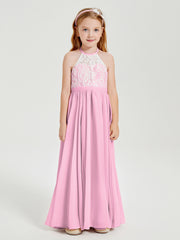 Robes de Demoiselle d'Honneur Longues en Mousseline avec Haut en Dentelle Rose Bonbon