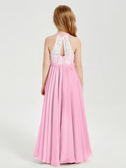 Robes de Demoiselle d'Honneur Longues en Mousseline avec Haut en Dentelle Rose Bonbon