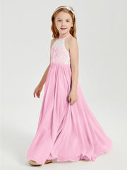 Robes de Demoiselle d'Honneur Longues en Mousseline avec Haut en Dentelle Rose Bonbon