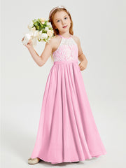 Robes de Demoiselle d'Honneur Longues en Mousseline avec Haut en Dentelle Rose Bonbon
