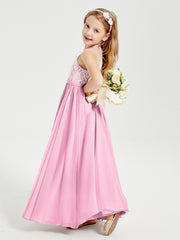 Robes de Demoiselle d'Honneur Longues en Mousseline avec Haut en Dentelle Rose Bonbon