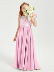 Robes de Demoiselle d'Honneur Longues en Mousseline avec Haut en Dentelle Rose Bonbon