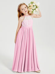 Robes de Demoiselle d'Honneur Longues en Mousseline avec Haut en Dentelle Rose Bonbon