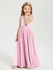 Robes de Demoiselle d'Honneur Longues en Mousseline avec Haut en Dentelle Rose Bonbon