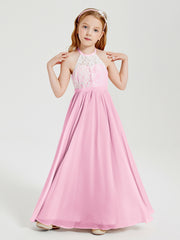 Robes de Demoiselle d'Honneur Longues en Mousseline avec Haut en Dentelle Rose Bonbon