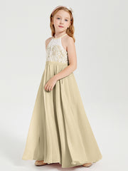 Robes de Demoiselle d'Honneur Longues en Mousseline avec Haut en Dentelle Champagne