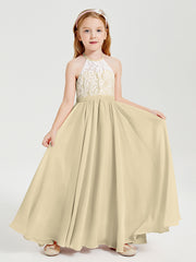 Robes de Demoiselle d'Honneur Longues en Mousseline avec Haut en Dentelle Champagne