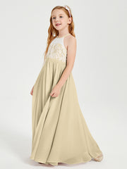 Robes de Demoiselle d'Honneur Longues en Mousseline avec Haut en Dentelle Champagne