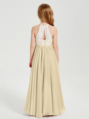 Robes de Demoiselle d'Honneur Longues en Mousseline avec Haut en Dentelle Champagne